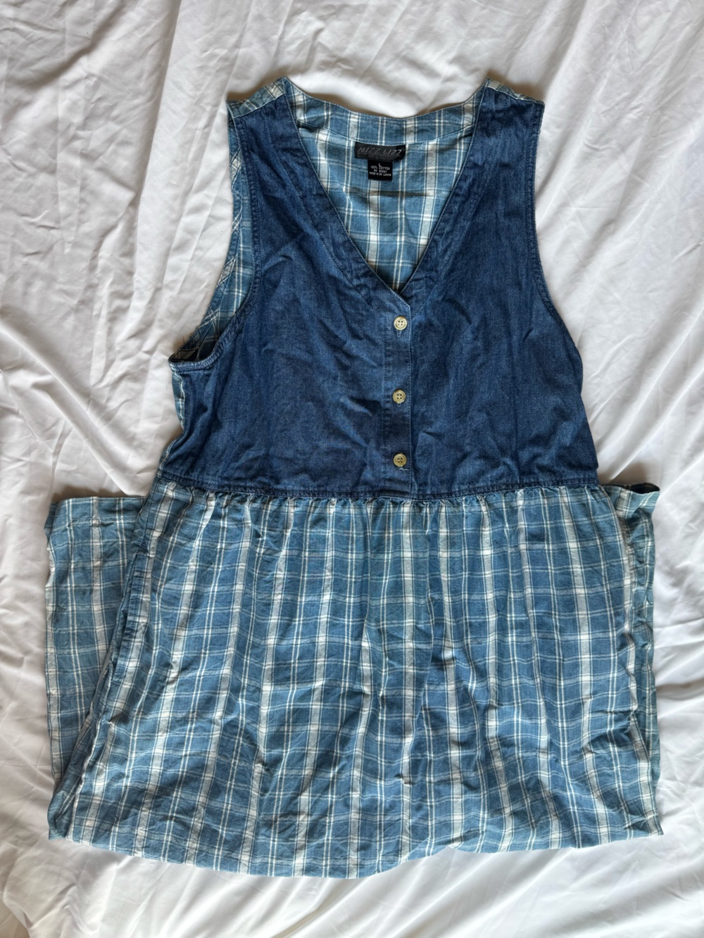 Vintage 90s Cotton Blue Plaid Button-Front Sleeveless Dress
